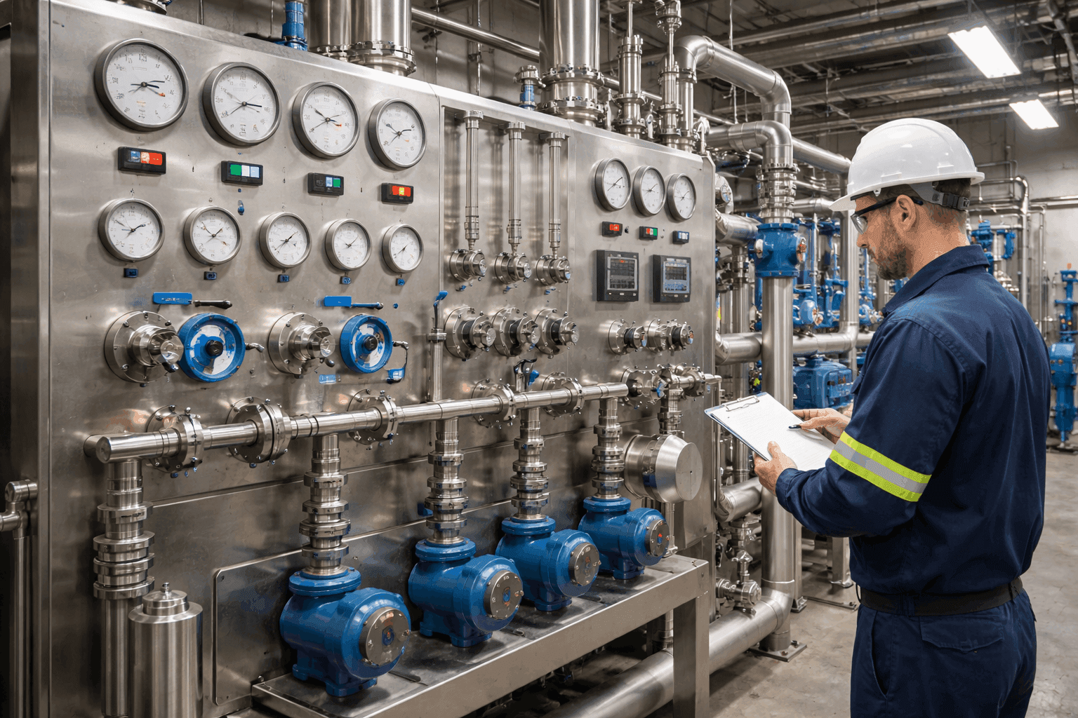 Painel de controle industrial com manômetros e válvulas em planta de tratamento de água